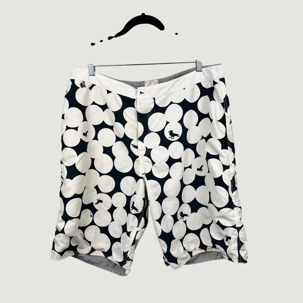 Modern Amusement Board Shorts Mens XL White Navy Reversible Polka Dot Bird